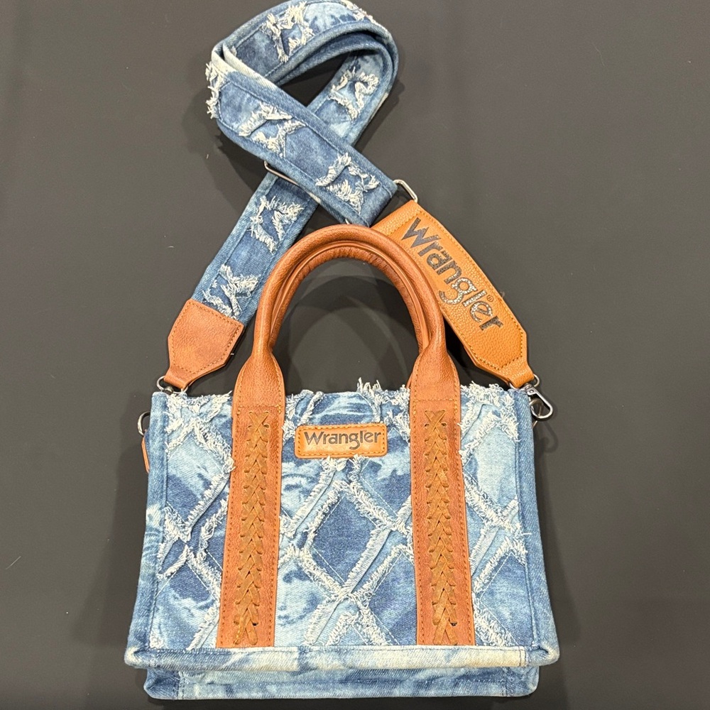 Wrangler Distressed Denim and Brown Leather Shoulder Bag
